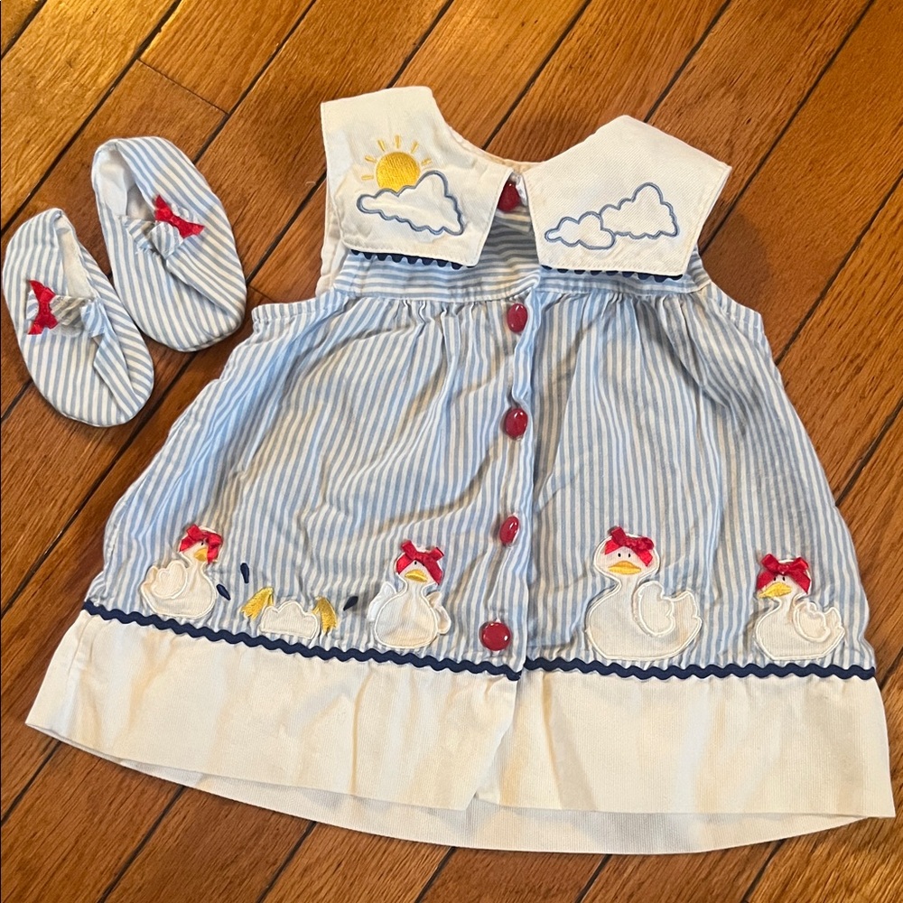 First Moments Blue & White Striped Baby Dress with Silly Goose Duck Appliqué